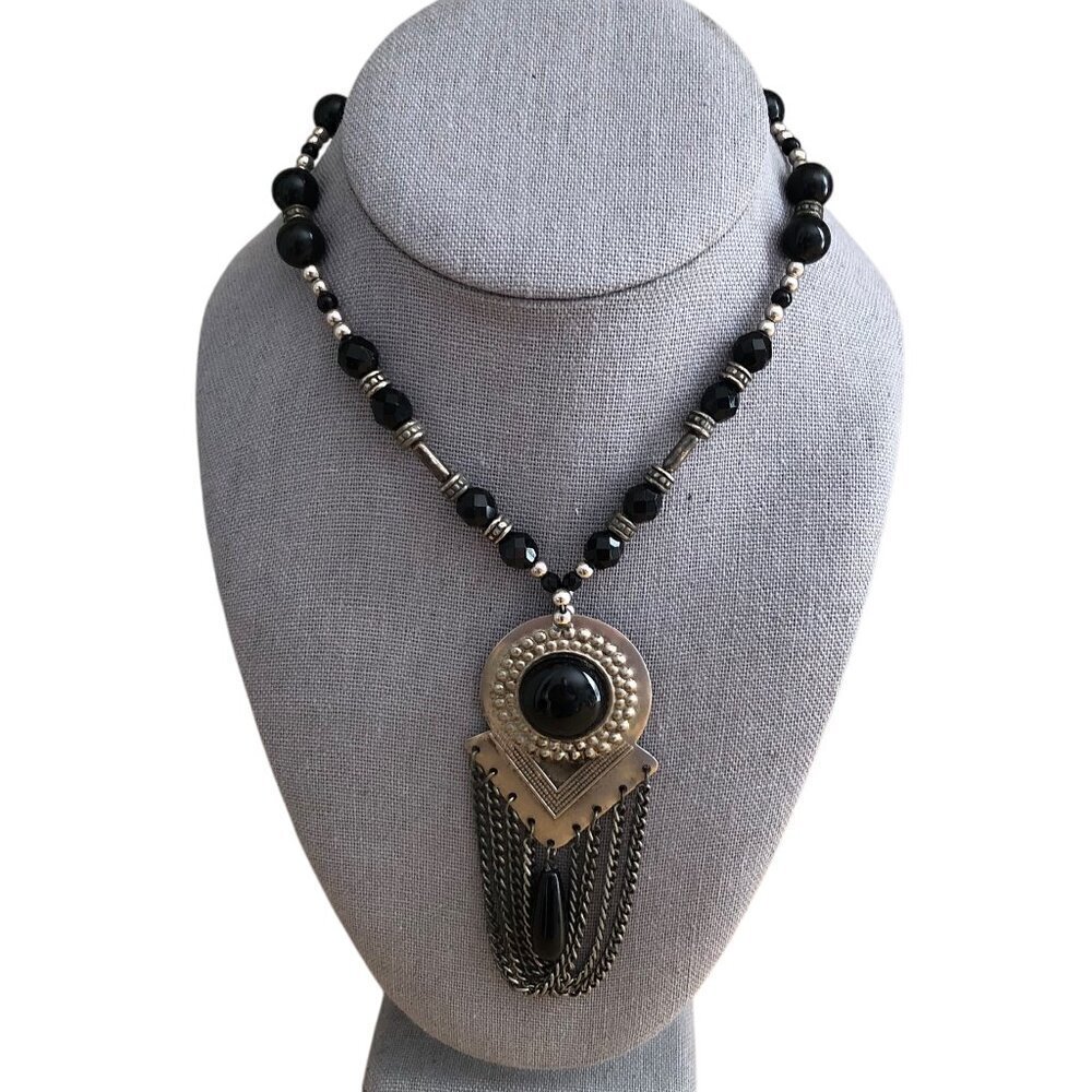Beaded Choker Necklace Women's Black & Silver Fringed Medallion Drop Pendant